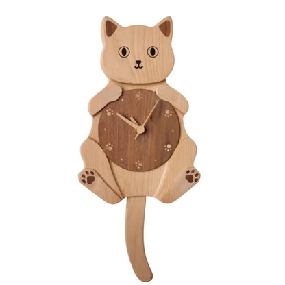 Wooden Cat Pendulum Wall Clock