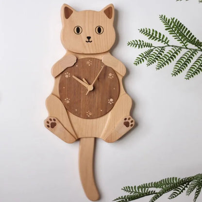 Wooden Cat Pendulum Wall Clock